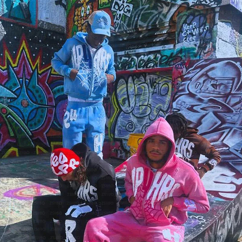 Retro Patch Spider Web Print Zipper Hoodie Y2K Sweatshirt Mens Hip Hop Letter Oversized Hoodie Jacket Clothes Streetwear Jacket