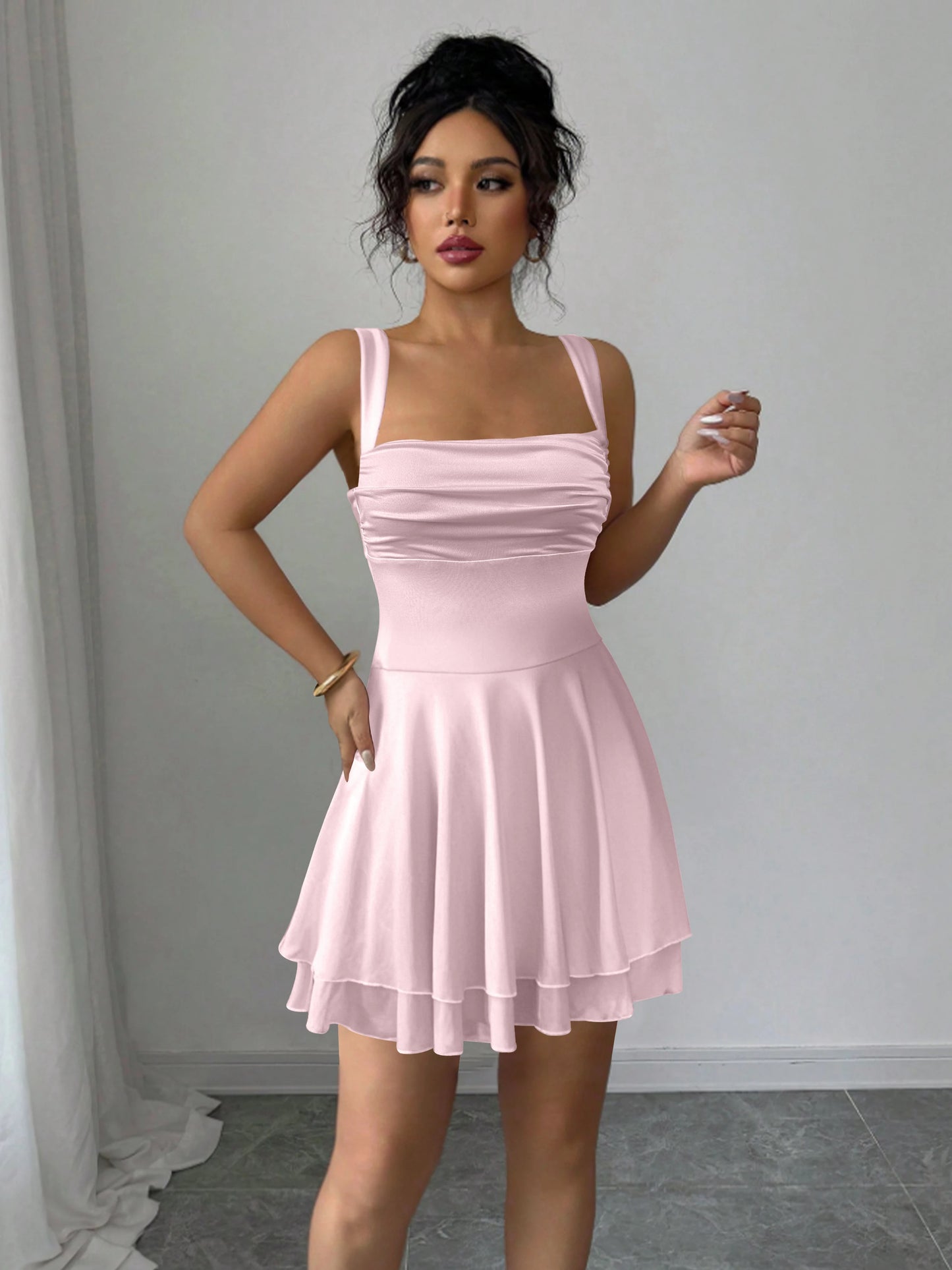 Sexy Square Neck Shoulderless Slim Fit Dress Nightclubs Parties Elegant Double-Layer Ruffled Edge Puffy Women Mini dress