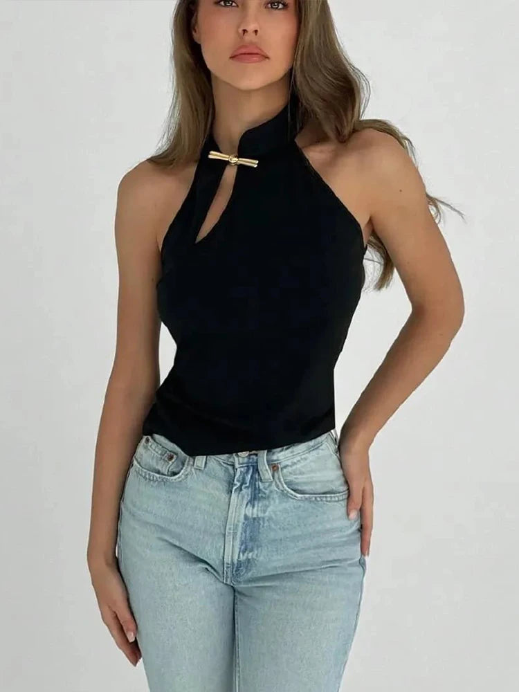 Weird Puss Cheongsam Buckle Tank Tops Women Y2K Summer Trend Basic Classic Hollow Solid Simple Street Stretch Daily Chic Vest