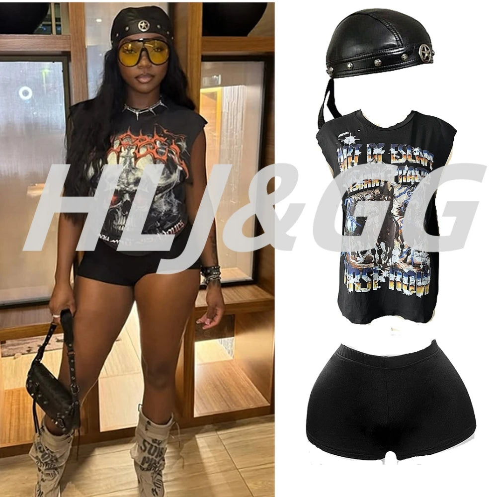 HLJ&GG Fashion Street Letter Print Tshirts Two Piece Sets Women O Neck Sleeveless Top And Shorts Outfits Y2K Female Streetwear