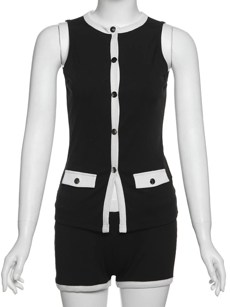 Weird Puss Ribbed Patchwork 2 Piece Set Women Single-Breasted Sleeveless Tops+Stretch Shorts Daily Casual Trend Classic Outfits