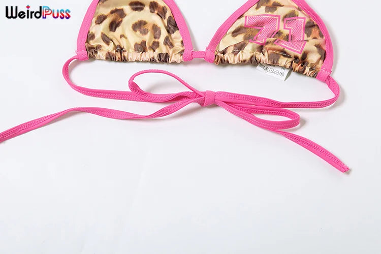 Weird Puss Leopard Print Sexy 3 Piece Set Women Beach Vacation Halter Bra+Panties+Shorts Summer Midnight Matching Party Clubwear