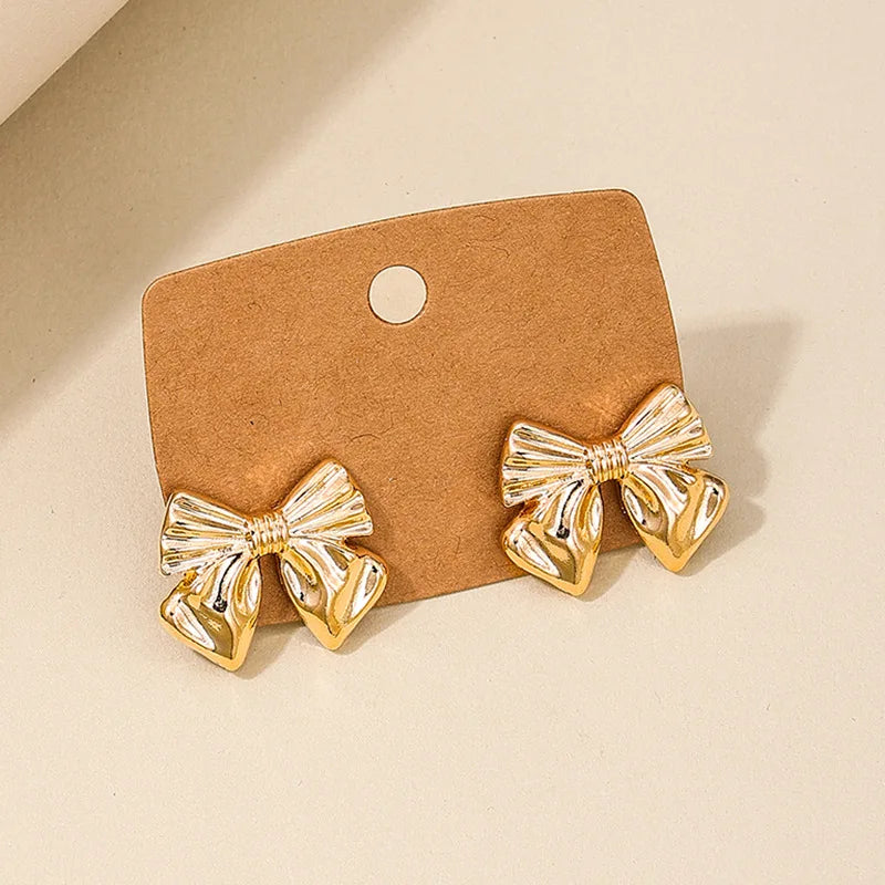 Fashion Bow Shape Metal Stud Earrings for Women Girls Cute Gold Color Stainless Steel Earring Statement Jewelry Gift