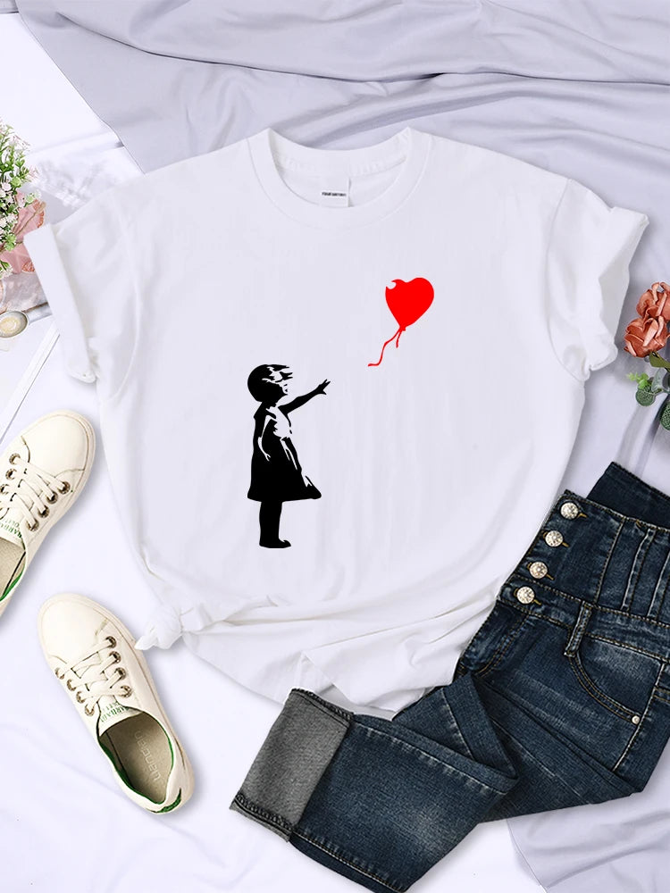 Let'S Fly Love Balloons Prints Womens T-Shirt Soft Breathable Short Sleeve Street Hip Hop Trend Tops Casual Female Tee Clothing