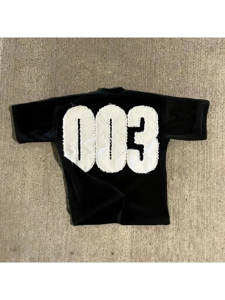 Streetwear Black T Shirt Men Women Harajuku Hip Hop Number 003 Graphic Patch Oversized T Shirt Goth Cotton Short Sleeve Y2K Tops