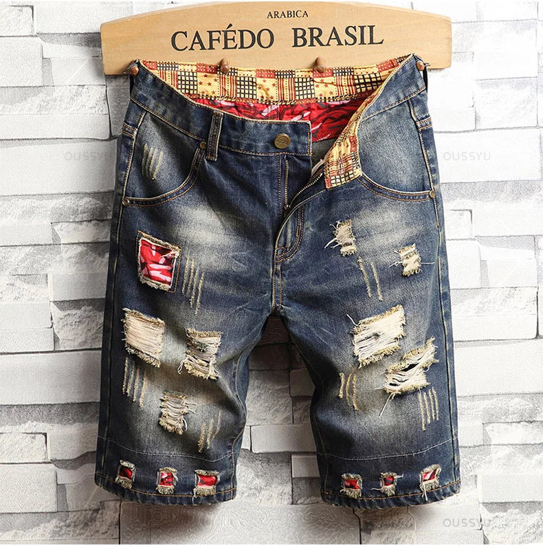 Brand Clothing New Summer Ripped Hole Denim Shorts Men Cotton Thin Straight Retro Biker Knee Length Short, Male Streetwear