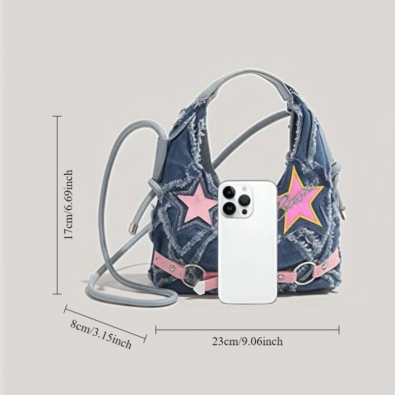 y2k Hot Girl style pink five-pointed star applied-designed fringed jeans crossbody bag A-DH