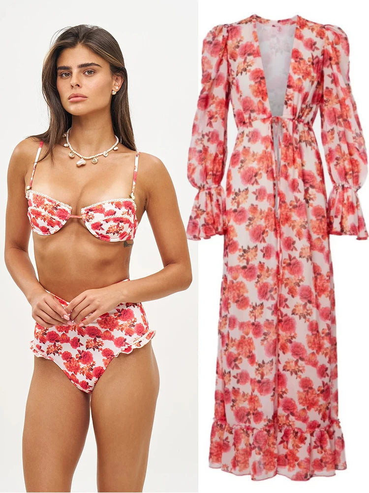 ZRTAK Long Beach Dress Ruffles Bikini Cover Up 2026 Floral Printed Swimsuits Dresses Women Sexy Cover-Ups Summer Swimming Wear