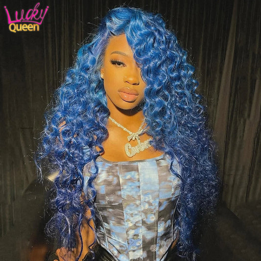 Midnight Blue Loose Wave Brazilian Human Hair Wig Dark Blue Pre Plucked For Women 13X4 180 Density Transparent Lace Frontal 13X6