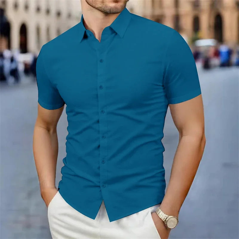 New Men's Business Casual Solid Color Short Sleeved Shirt for Summer Fashion No Ironing Comfortable and Versatile Top