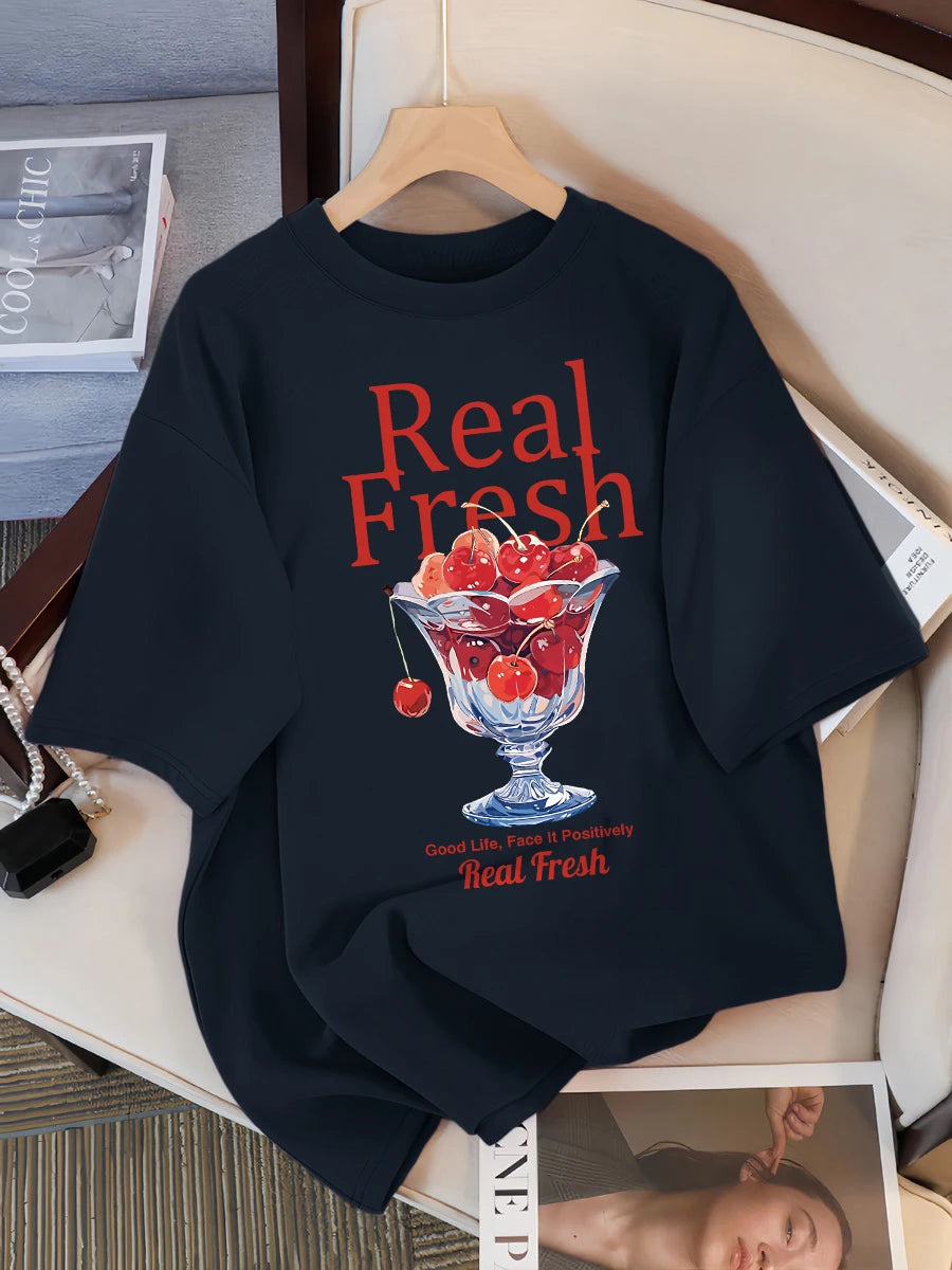 Real Fresh Cherry Fruit Cup Design Tee Shirts Female Comfortable Cotton T Shirt Fashion Casual Clothes Soft Street Short Sleeve