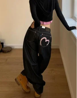 Korean pink heart-shaped pocket printed hot girl wide-leg jeans women's summer simple design high-waisted jeans straight pants