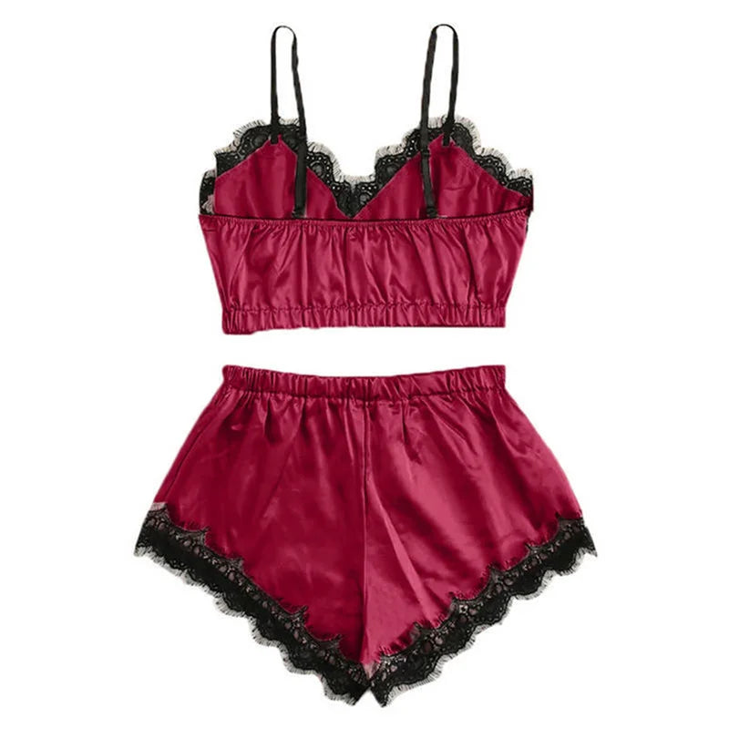 1set Lingerie Sexy Bra Set Women's Sleepwear Sleeveless Strap Lace Trim Satin Cami Tops Pajama Sets Bras Women Brief Sets