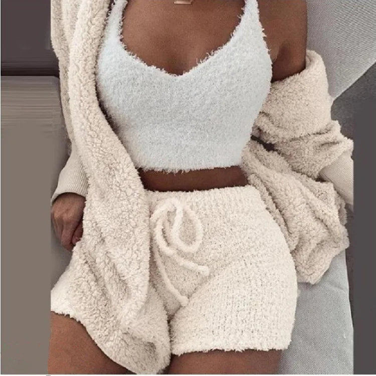 Fluffy Pajamas Set for Women Casual Sleepwear Tank Top and Shorts Plus Size Hoodie Leisure Homsuit Winter Teddy 3 Pieces Pijamas
