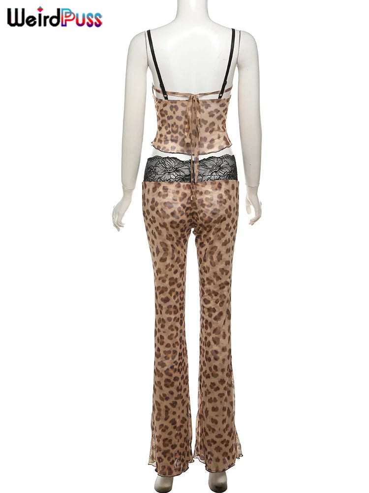 Weird Puss Mesh Patchwork 2 Piece Set Women Sexy Cleavage Sleeveless Crop Tops+Leopard Print Skinny Pants Street Wild Trend Suit