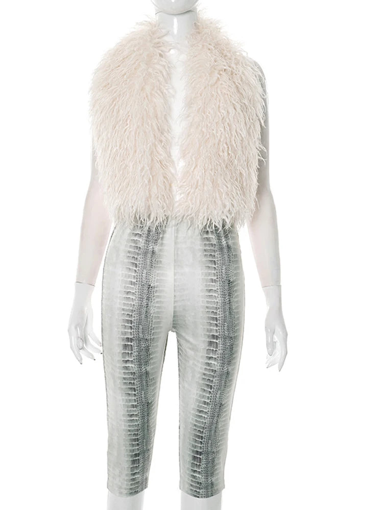 Kricesseen Gorgeous Backless Furry Crop Top And Leopard Print Biker Shorts Set Sexy Active Set Festival Outfits Clubwear