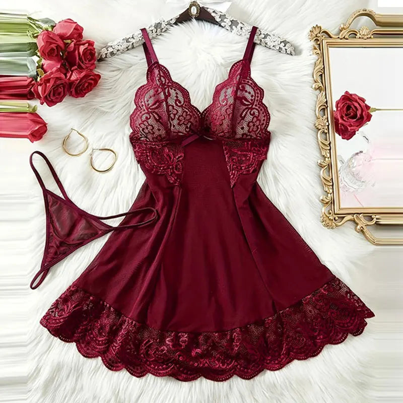 Deep V Lace Push Up Erotic Lingerie Pajamas Set Summer Thinly Woman Nightgown Hot Night Dress Sexy Bra Plus Size Sleepwear Thong
