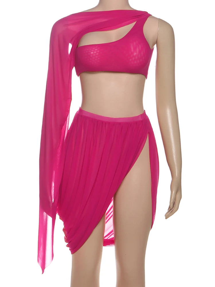 Weird Puss Y2K Sexy 2 Piece Set Women See Through Midnight Irregular Full Sleeve Crop Tops+Ruched Split Skirts Matching Clubwear