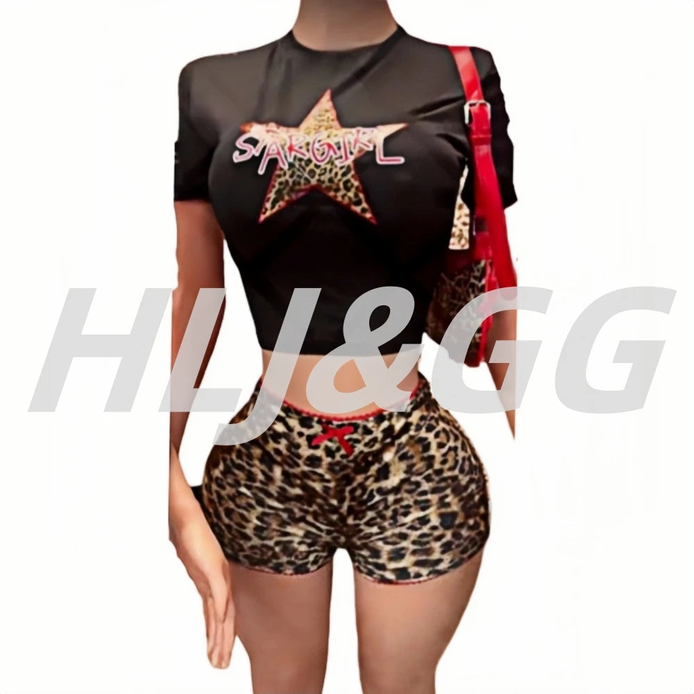 HLJ&GG Y2K Summer New Leopard Print Two Piece Ssets Women O Neck Short Sleeve Tshirts And Bow Shorts Outfits Fashion Streetwear