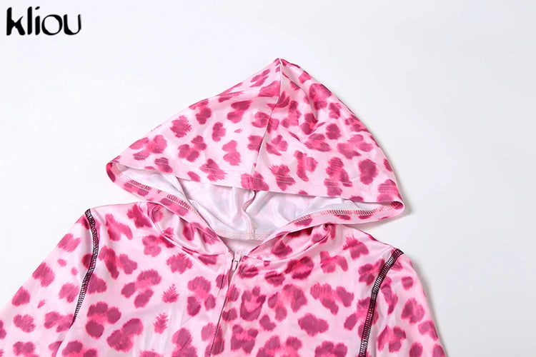 kliou Popular Leopard Women 2 Piece Set Trend Letter Print Hooded Long Sleeve Zip-up Tops+Matching Pants Female Trend Streetwear