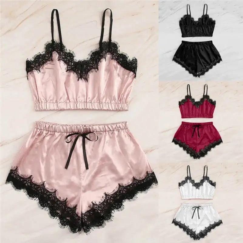 1set Lingerie Sexy Bra Set Women's Sleepwear Sleeveless Strap Lace Trim Satin Cami Tops Pajama Sets Bras Women Brief Sets
