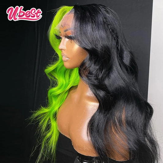 1B And Green Colored Cosplay Body Wave 13x6 13X4 Lace Front Wigs Brazilian 100％ Human Hair Transparent Pre Plucked For Women