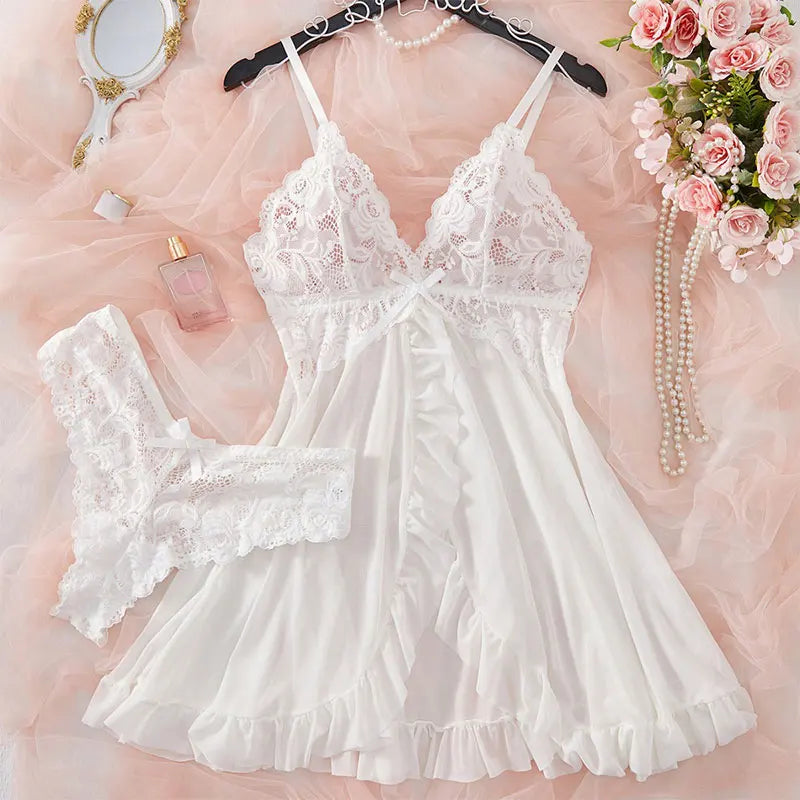 Sexy Lace Nightdress Transparent Pink Lingerie Women Underwear Sexy Sleepwear Thin Style G-string Set Elegant DeepVDress Pijamas