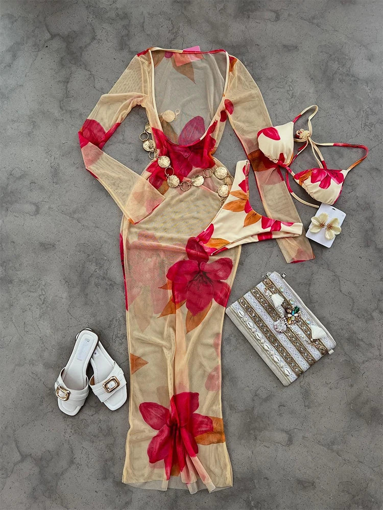 2025New Low Waist Bikini Sets And Cover Up Sexy Women Swimsuit Swimwear Three Piece Set Print Floral Brazilian Beachwear biquini