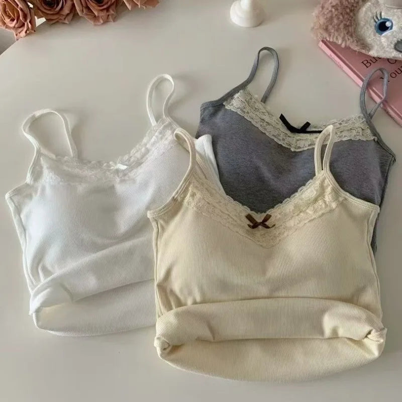 Women Camisole Tank Tops Sexy Bow Sleeveless Corset Top with Chest Pad Sweet Lace Patchwork Crop Tops Summer Slim Elegant Camis
