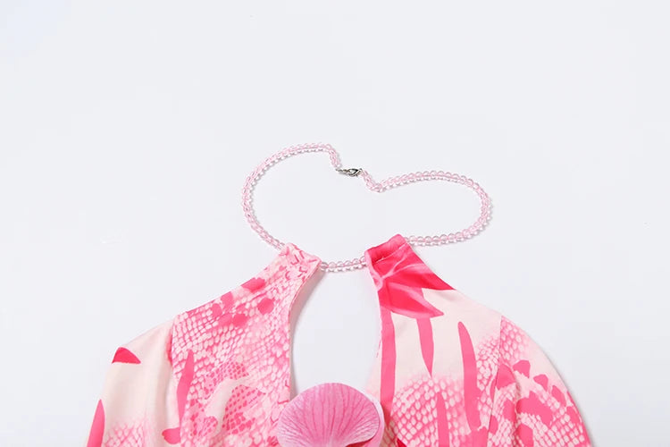 Weird Puss Fashion Patchwork 2 Piece Set Women Pearls Necklace Halter Applique Crop Tops+Skinny Skirts Vacation Beach Style Suit