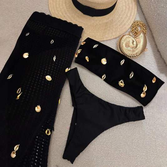 Sexy 3 Pieces Bikini Women Swimsuit With Crochet Pants Female Swimwear One Shoulder Bikini Tassels Swim Suit Beachwear