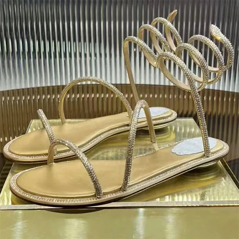 2025 Fashion Women Summer Gladiator Sandals Flat Heels Twine Around Ankle Strap Gladiator Sandal Wedding Beach Slides Rhinestone