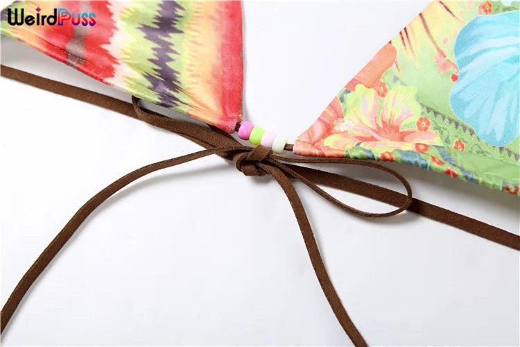 Weird Puss Beach Style Women 2 Piece Set Y2K Vacation Swimsuit Colorful Pearl Halter Bikini Bra+Panties Party Matching Clubwear