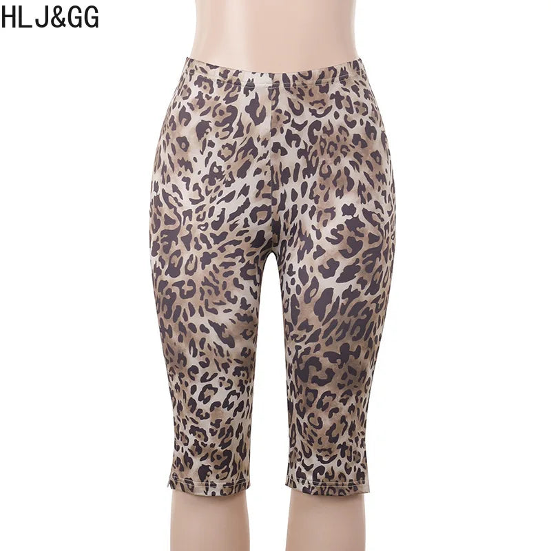 HLJ&GG Fashion Trend Leopard Print Shorts Two Piece Sets Women Fur Halter Lace Up Crop Top And Shorts Outfit Y2K 2pcs Streetwear