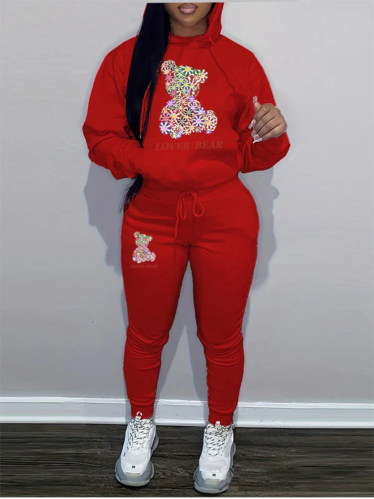Women's Hoodies Sets Pants Suit 2 Piece Outfits 2025 New Letter Print Bear Aesthetics Sweatshirt and Sweatpants Womens Tracksuit