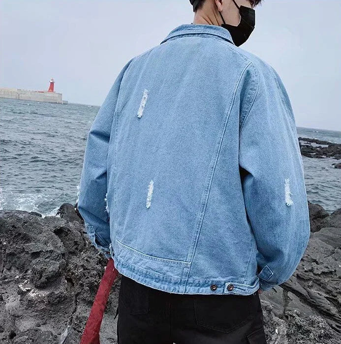 Button Short Casual Slim Cowboy Coat for Men Korean Popular Clothes Denim Jackets Man Loose New In Designer Branded Rock Lxury