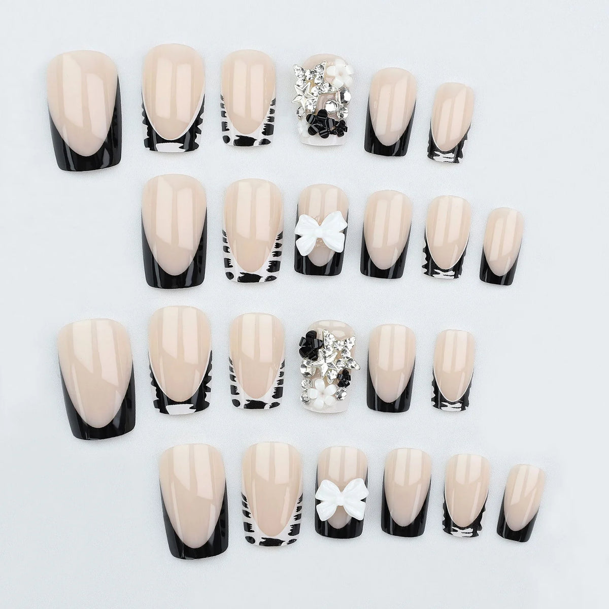 24pcs White 3D Bowkknots Press On Nails Black Leopard Print French Style False Nails Metal Rhinestone Stars Decor Y2k Fake Nail