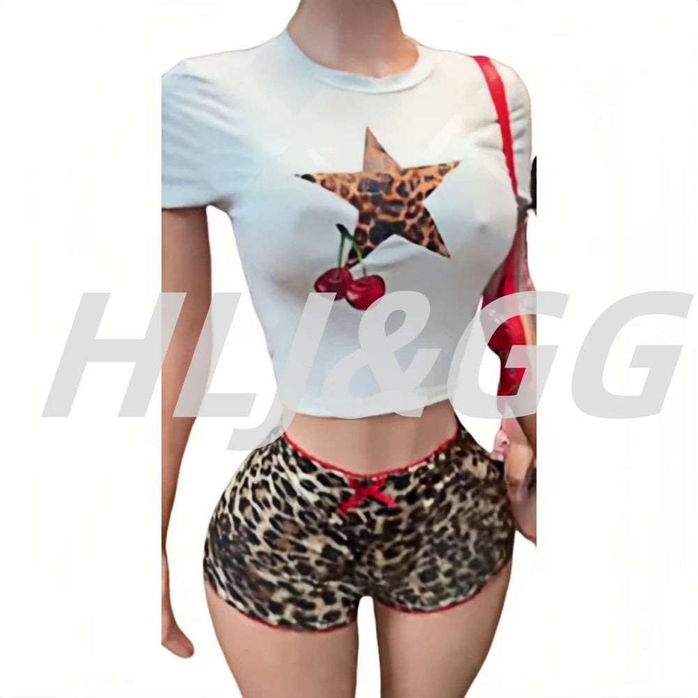 HLJ&GG Y2K Summer New Leopard Print Two Piece Ssets Women O Neck Short Sleeve Tshirts And Bow Shorts Outfits Fashion Streetwear