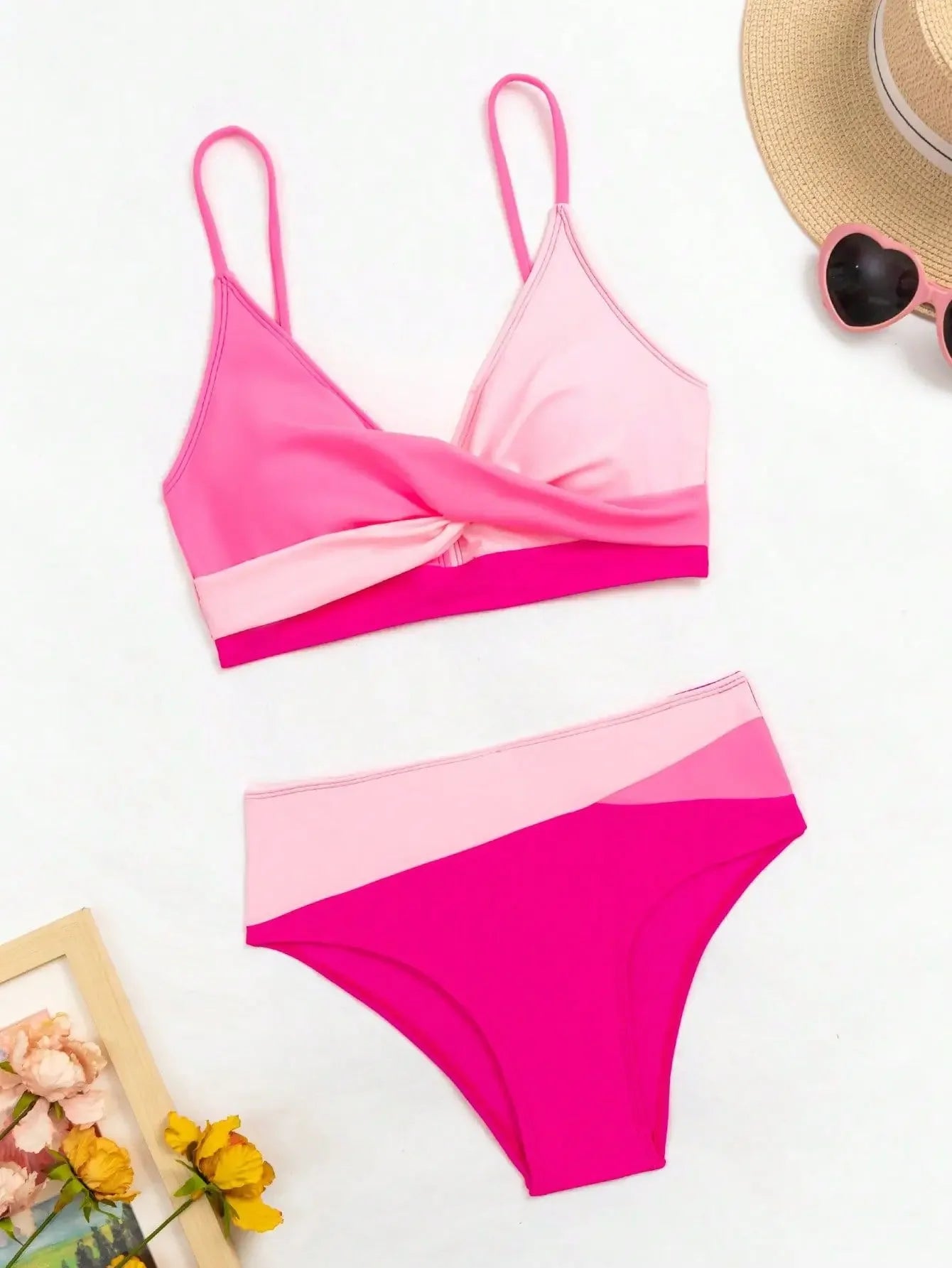 Rose Red Patchwork 2 Piece Swimsuit for Women,high Waist V-neck Suspender Backless Bikini Set,summer Beach Vacation Swimwear New