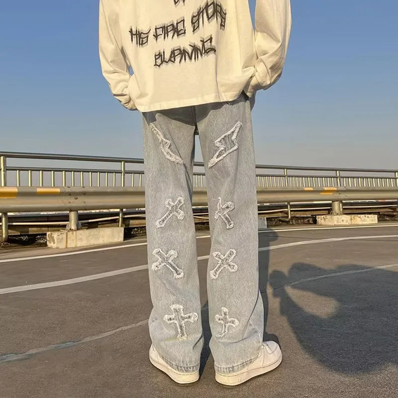 Straight Leg Denim Jeans Male New Fashion Casual Loose High Street Y2k Pants New Wide Leg Hip Hop Black Blue Pants