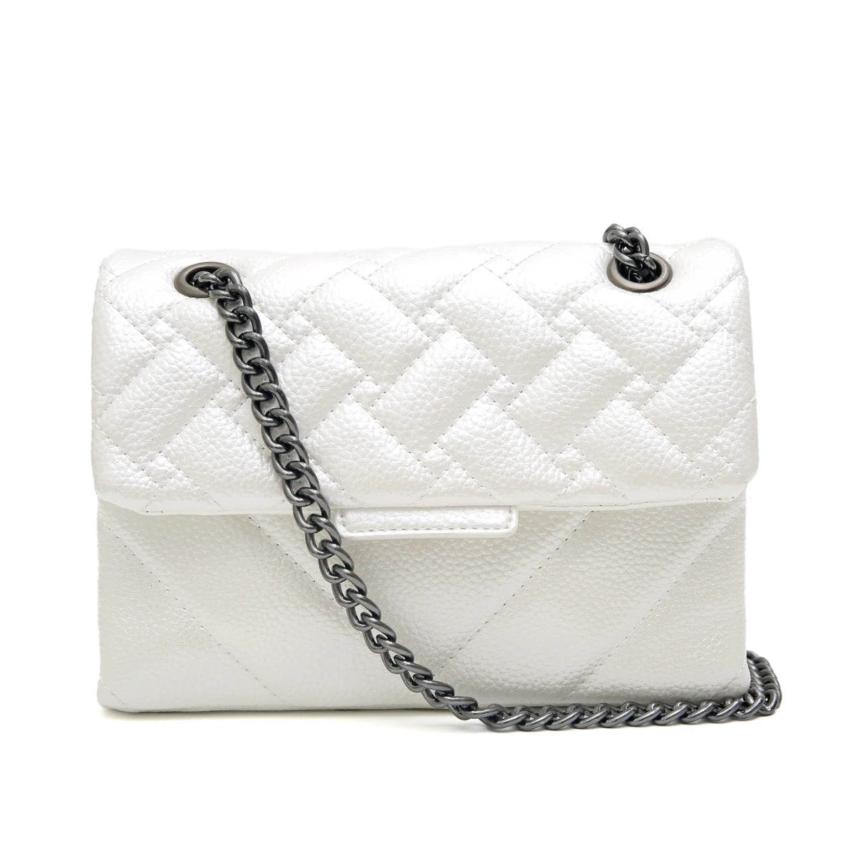 CR Fashion Metallic PU Vegan Leather Handbag For Women Luxury Quilted Flap Messenger Shoulder Bag Long Chain Purse Daily  Travel