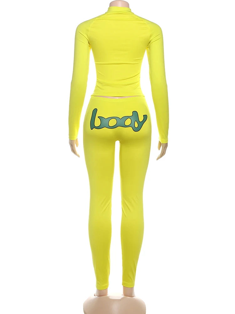 Weird Puss Casual Sporty Women2 Piece Set Letter Print Zip Crop Tops+Leggings Matching Street Stretch Skinny Streetwear Outfits