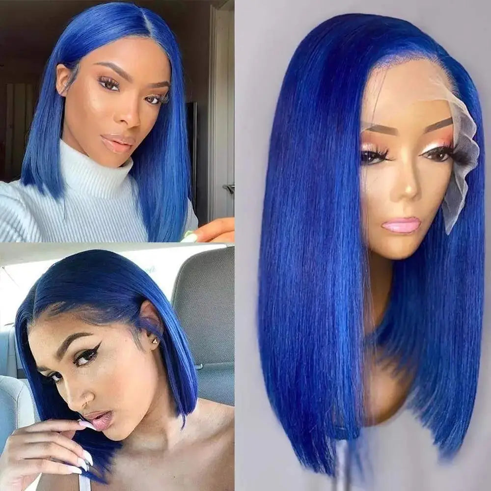 Short Bob Blue Colored 13X4 Lace Part Transparent Lace Peruvian Virgin Hair Wig For Women 100% Human Wig Straight Wig For Women