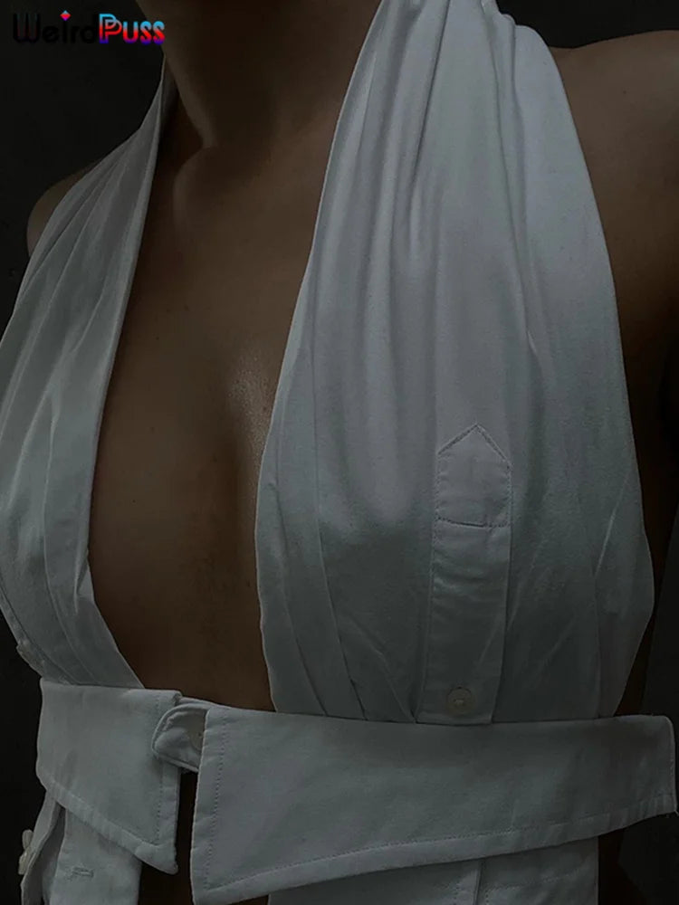 Weird Puss Y2K Button Halter Camisole Women V-Neck Skinny Elegant Sexy Summer Fashion 2022 Wild Streetwear Backless Tank Tops