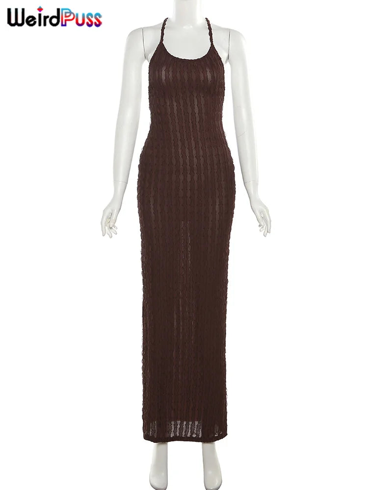 Weird Puss Backless Halter Dress Women Cross Bandage Sleeveless Sexy Elegant Skinny Stretch Wedding Party Maxi Bodycon Vestidos