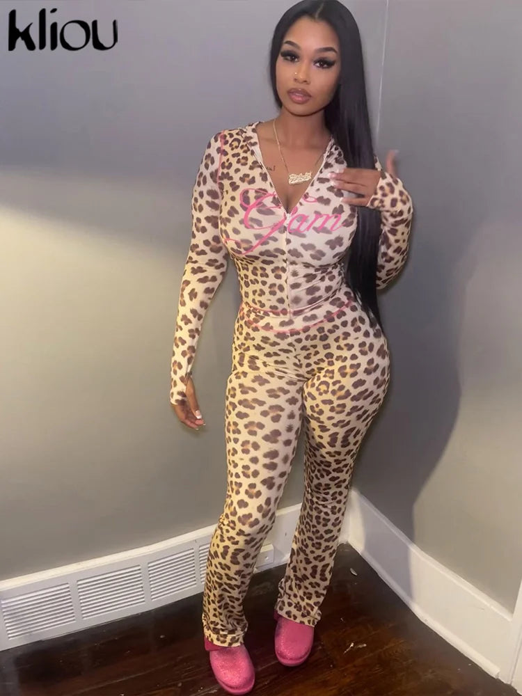 kliou Popular Leopard Women 2 Piece Set Trend Letter Print Hooded Long Sleeve Zip-up Tops+Matching Pants Female Trend Streetwear