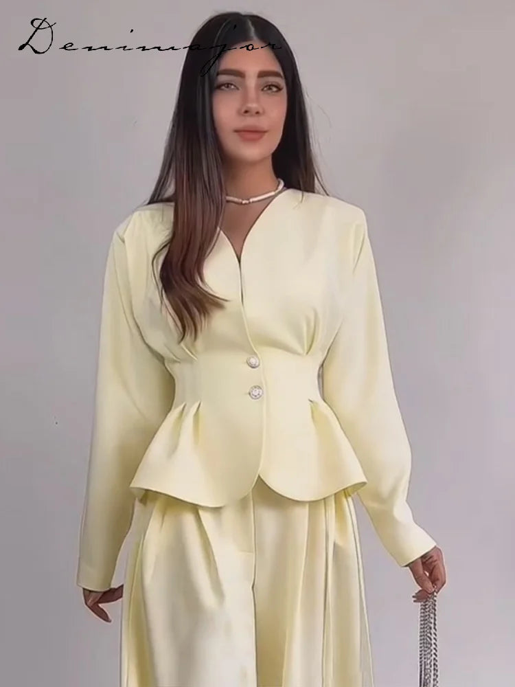 Fashion Solid Two-Piece Set Women V-Neck Ruffle Hem Waist-cinching Coats Bow Lace Up Wide Leg Pants 2026 Autumn New Lady Outfit