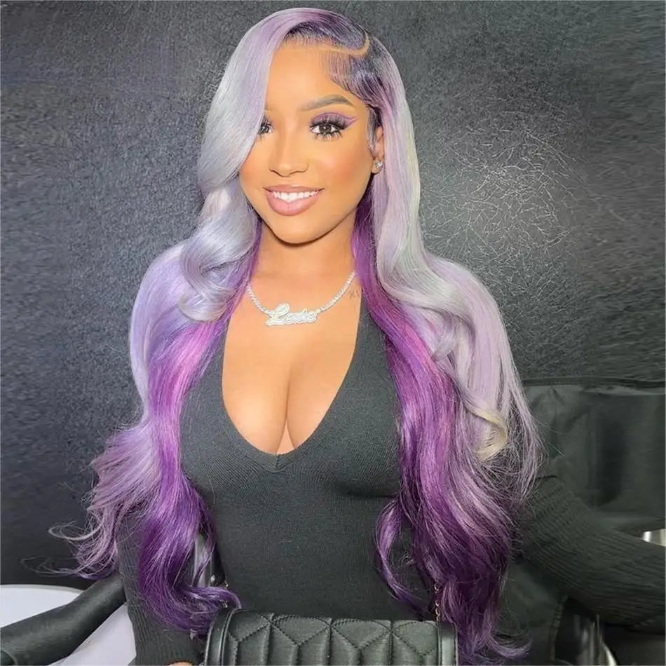 13X4 Lace Front Wig Ombre Purple With Silver Grey Body Wave Glueless Wig Human Hair 613 Lace Frontal Human Hair Wigs