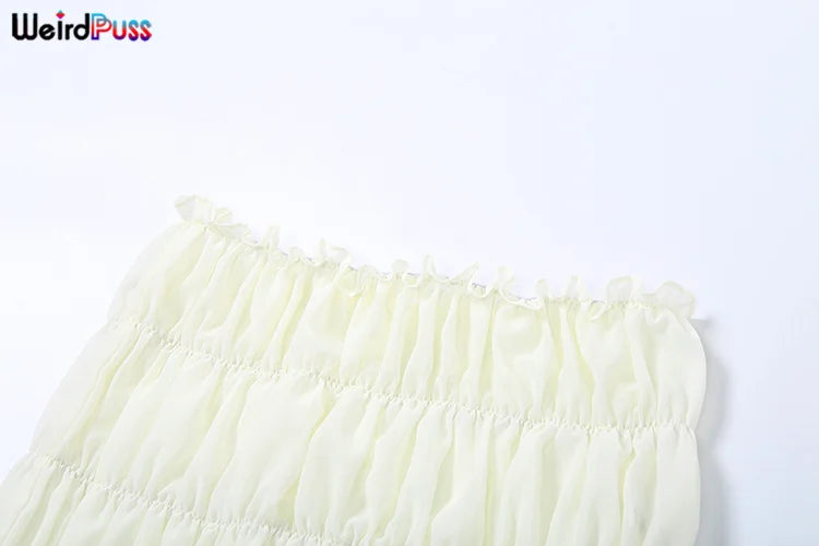 Weird Puss Ruffles 2 Piece Set Women Summer Vacation Beach Style Thin Camisole+Ruched Sexy Peach Hip Skirts Matching Clubwear