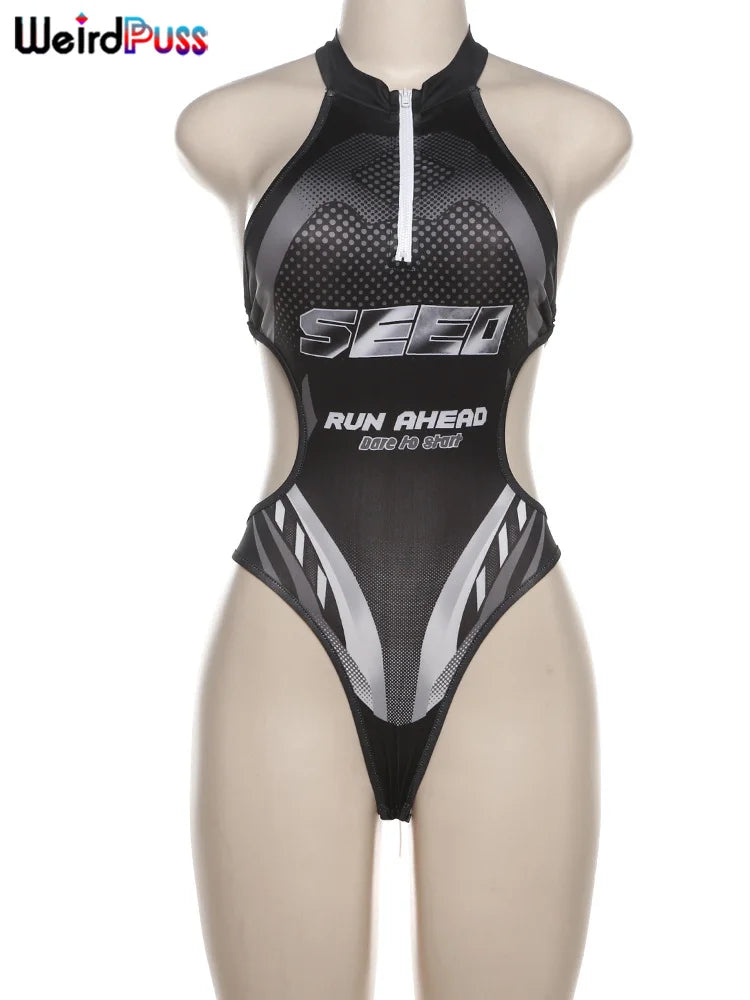 Weird Puss Halter Hollow Bodysuit Woman Summer Backless Straps Zipper Sexy Print Wild Fashion Trend Streetwear Skinny Clubwear